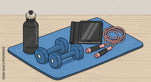 A fitness scene featuring dumbbells, a water bottle, a jump rope, and a tablet on a yoga mat in a minimalist style