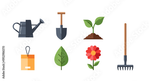 A collection of gardening tools and plants illustrated in a modern flat style, ideal for gardening themes