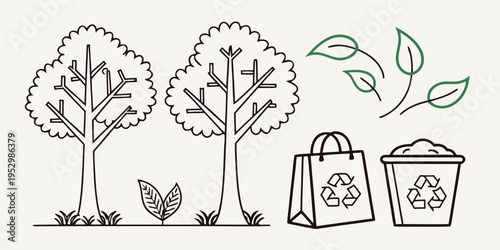 Recycling symbols on bag and bin with trees and green leaves recycle