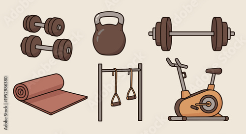 A collection of fitness equipment illustrations including weights, kettlebell, exercise mat, and stationary bike in a flat style
