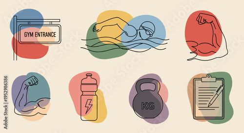 A collection of fitness-themed icons featuring gym entrance, swimming, weights, and health symbols in a modern, minimalist style