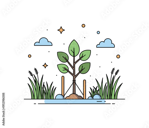 Habitat restoration planting scene featuring a young tree supported by stakes and surrounding native grasses, expressing renewal, stewardship, and