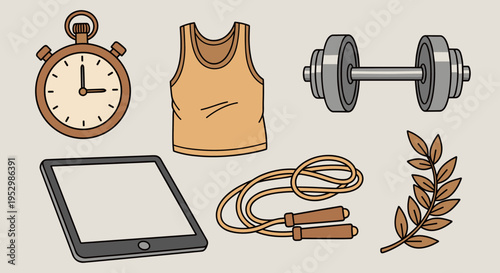 A collection of fitness-themed icons including a stopwatch, tank top, dumbbell, tablet, jump rope, and olive branch in a flat style