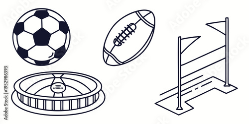 Sports set with soccer ball and rugby ball sports soccer ball hurdles stadium sports equipment