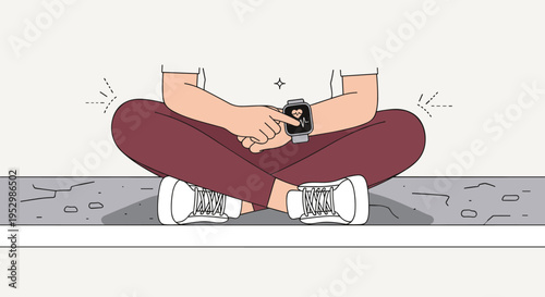 A person sitting cross-legged using a smartwatch, illustrated in a minimalist style, suitable for technology or lifestyle themes