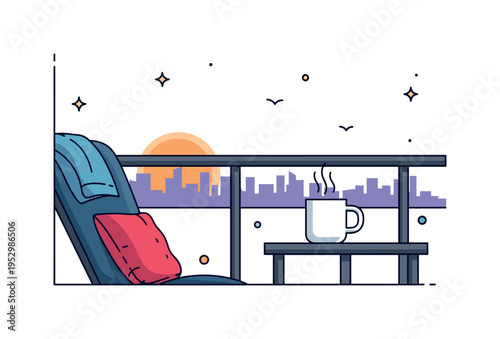 Evening coffee break on a balcony featuring a simple mug on a small table with a distant sunset skyline and subtle bird silhouettes, conveying relaxation after