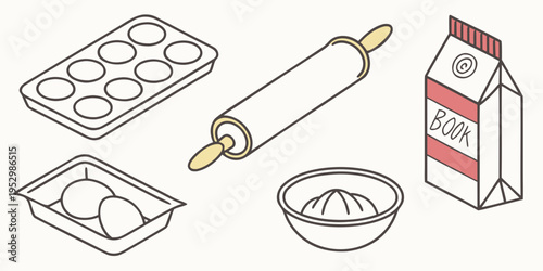 Baking ingredients and tools including ice cube tray, eggs, rolling pin, and milk carton