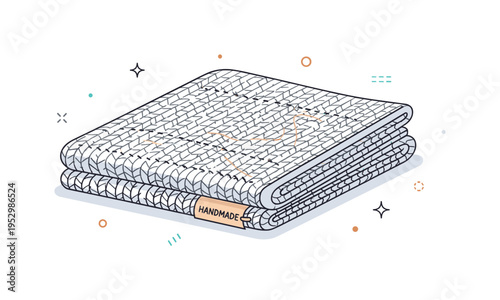 Knitted throw blanket pattern centered on a folded textured blanket with subtle stitch lines and a tiny tag reading Handmade, symbolizing comfort, warmth, and