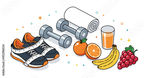 A vibrant illustration featuring workout shoes, dumbbells, a towel, and healthy snacks in a modern flat style