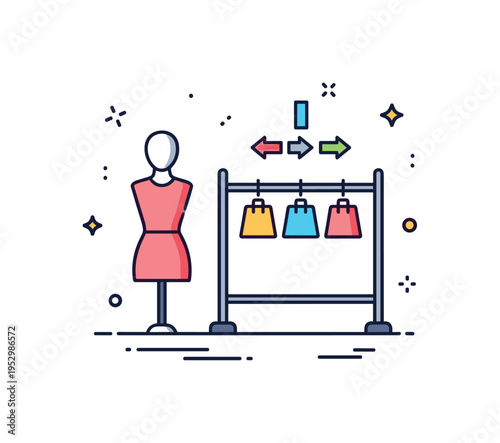 Visual merchandising strategy represented by a mannequin silhouette beside a product rack and small layout arrows, symbolizing intentional arrangement and