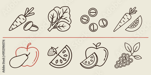 Black and red line fruit and vegetable fruits vegetables carrots leafy greens pills