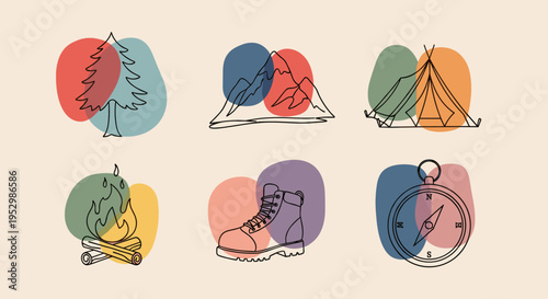 A collection of outdoor adventure icons featuring a tree, mountains, tent, campfire, hiking boot, and compass in a minimalist style