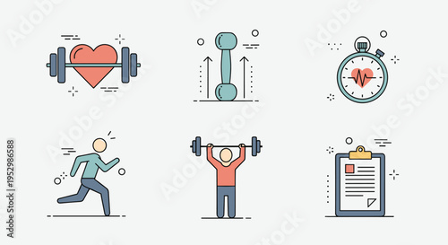 A collection of fitness-themed icons featuring weights, a heart, a stopwatch, and a clipboard in a modern flat style
