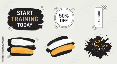 Vibrant promotional elements featuring brush strokes and discount tags in a modern, flat design for marketing purposes