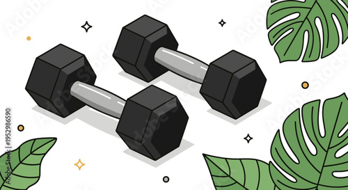 A pair of black hexagonal dumbbells surrounded by tropical leaves in a modern, minimalist style