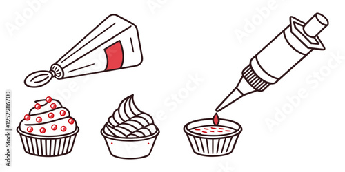 Decorating cupcakes line on white background line icing piping bags sweets