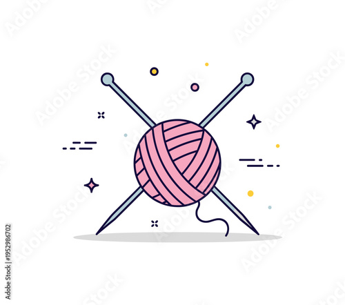 Knitting yarn and needles arrangement centered on crossed knitting needles over a soft yarn ball with gentle thread curves, expressing creativity, patience,