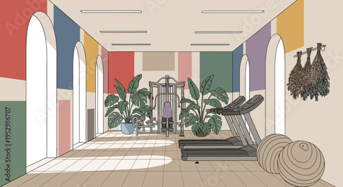 A modern gym interior featuring workout equipment, plants, and colorful walls in a minimalist style