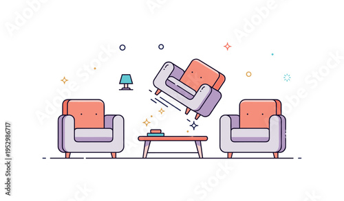 Home interior makeover concept featuring two armchairs shifting positions around a small coffee table with subtle sparkle accents, expressing creativity,