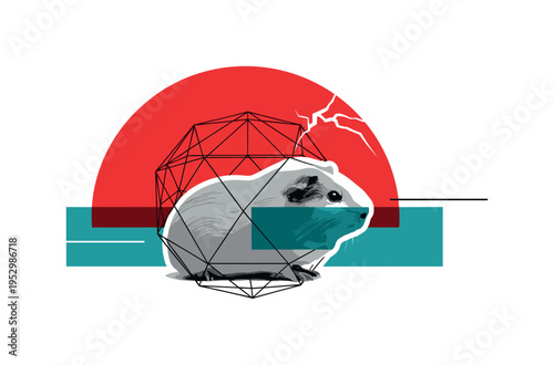 Monochrome guinea pig viewed from side profile inside an open geometric cage structure made of thin black lines, oversized red semicircle behind as a dramatic