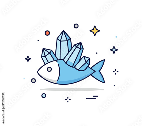 Salt preservation method concept featuring a simple fish icon partially covered with crystal shapes, symbolizing traditional food preservation techniques. A