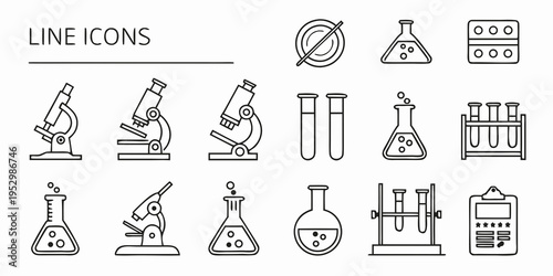 Laboratory equipment line on white background line microscopes beakers flasks