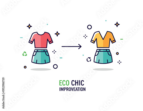 Eco chic outfit transformation concept showing a before and after garment icon connected by a small arrow symbolizing creative redesign and upcycling