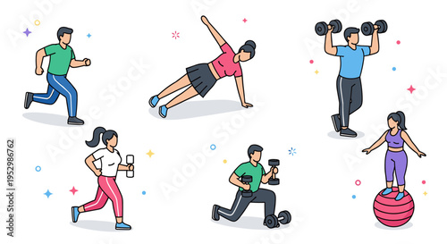A colorful illustration of diverse fitness activities featuring people exercising with weights, running, and using gym equipment in a modern flat style