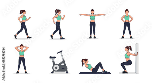 A collection of fitness illustrations featuring a woman performing various exercises and using gym equipment in a modern style