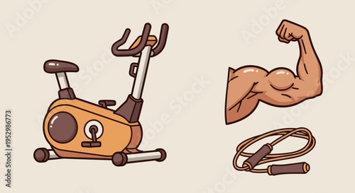 A flat illustration featuring a stationary bike and a muscular arm, showcasing fitness and exercise themes