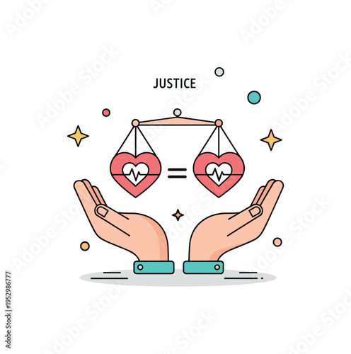 Justice and equality concept two balanced hands gently holding identical heart icons, symbolizing equal value and respect for all people. Minimalist flat
