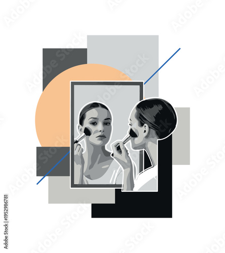 Black and white mirror reflection scene with a model softly dabbing powder onto her face, bright beige-orange semicircle positioned behind the mirror frame,