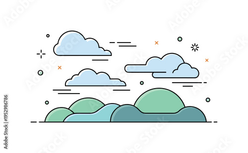 Soft clouds over calm hills showing layered rounded hills beneath drifting cloud forms, representing balance between earth and sky. The compact layout conveys