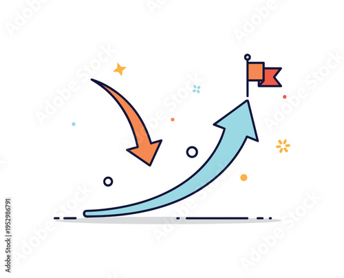 Turning setbacks into success represented by a downward arrow curving upward into a rising path with a small flag at the end, conveying transformation,