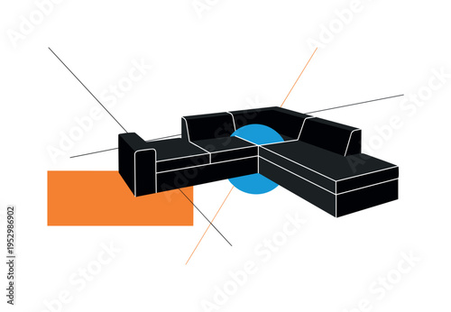 Black and white sectional sofa forming L-shape in geometric composition, bright blue circular accent anchoring corner junction, orange rectangular block