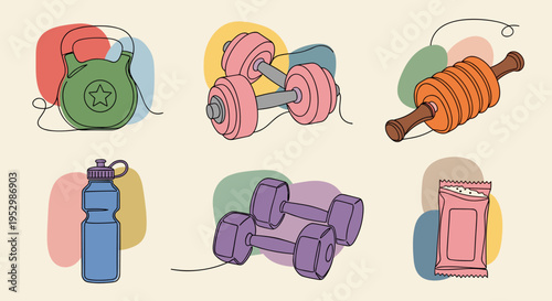 A colorful collection of fitness equipment including kettlebell, dumbbells, water bottle, and protein bar in a modern outline style