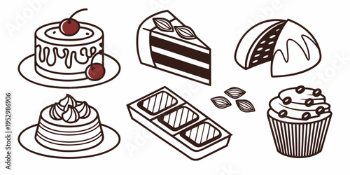 Various desserts line on white background line cakes cupcakes chocolate muffins