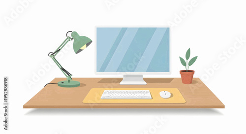 Clean and modern home office workspace illustration, showcasing a digital desk setup with a computer, green task lamp, and a plant, ideal for a productive remote work or study