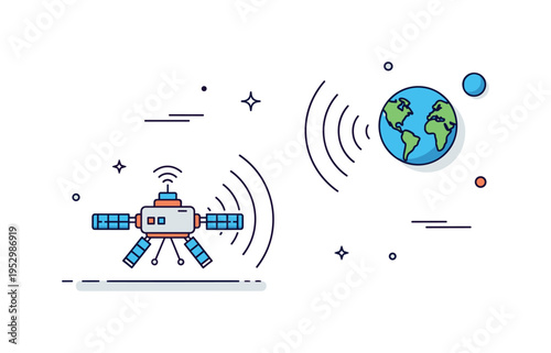 Space probe sending signals to Earth with a tiny blue planet in the distance and curved transmission waves connecting both elements. A clean visual metaphor of