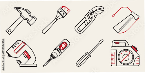 Various hand tools and power tools for construction and repair hammer paintbrush