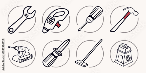 Various tools and equipment for DIY and construction wrench heat gun screwdriver