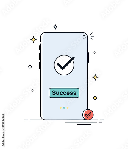 Instant transaction confirmation smartphone display with a bold Success checkmark and small spark accents, expressing reliability and immediate feedback in