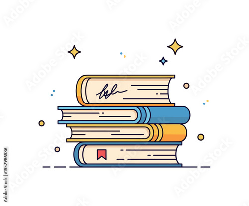 Signed copy display neatly arranged stack of books with visible signature mark on the top copy and small sparkle accents, symbolizing collectible value and