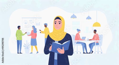 Modern workplace inclusivity A dedicated Muslim professional with a book inspires teamwork and productivity among diverse colleagues in a vibrant office setting