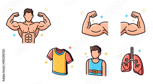 Illustration featuring muscular figures, sportswear, and lungs in a modern flat design style, ideal for fitness themes