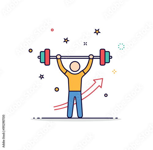 Strength and conditioning concept simplified figure lifting a barbell with a subtle upward arrow accent, conveying power development and consistent training