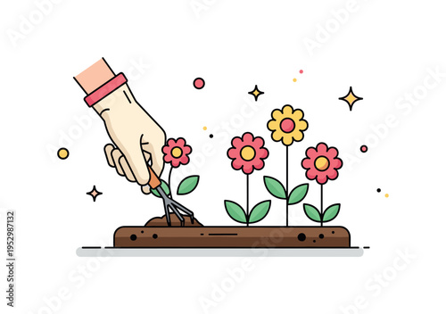 Weeding in garden bed featuring a gloved hand gently pulling a small unwanted plant from soil beside healthy flowers, expressing care, maintenance, and