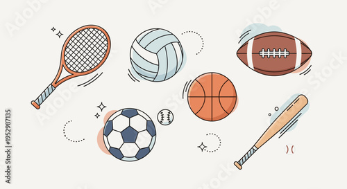 A colorful collection of various sports equipment including a tennis racket, volleyball, basketball, soccer ball, and baseball bat in a playful style