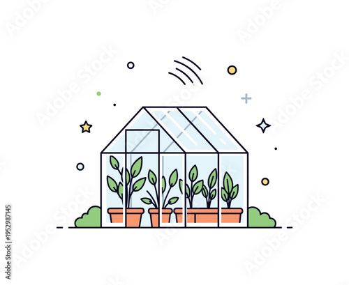 Backyard greenhouse retreat illustrated by a small glasshouse with visible plants inside and a soft sunbeam detail above. The composition expresses dedication