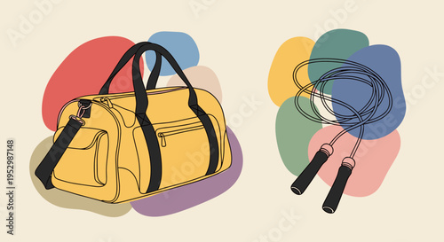 A vibrant yellow gym bag alongside a jumping rope, illustrated in a modern, flat style with abstract colorful shapes